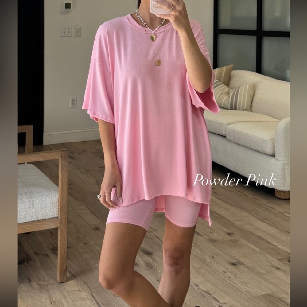 Novi Ribbed Tee Shorts Set Powder Pink